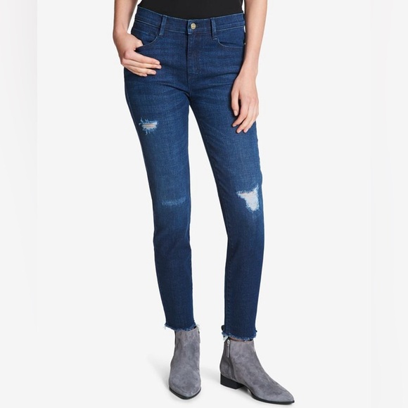 Women’s DKNY medium blue wash stretchy rip raw edge skinny‎ jeans size 28 - Picture 1 of 15